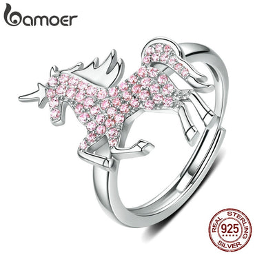 bamoer Licorne Moon Horse Free Size Rings for Women 925 Sterling Silver Femme Pegasus Design Wedding Engagement Jewelry SCR557