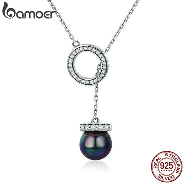 BAMOER 100% 925 Sterling Silver Circle Black Shell Pearl Elegant Long Chain Women Pendant Necklace Silver Jewelry SCN200