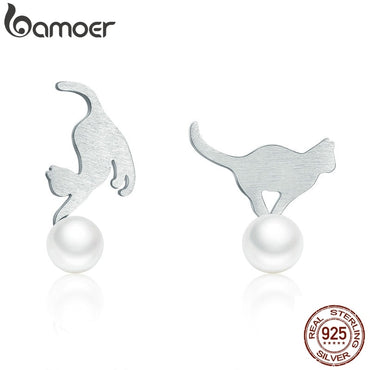 BAMOER Hot Sale 100% 925 Sterling Silver Naughty Cat Play Ball Drop Earrings Women Sterling Silver Earrings Jewelry Gift SCE235