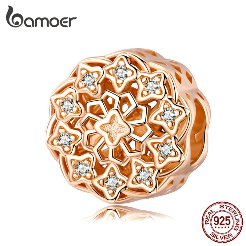 bamoer Mysterious Mandala Flower Round Metal Beads for Women Jewelry Making 925 Sterling Silver Charm for Bracelet SCC1279