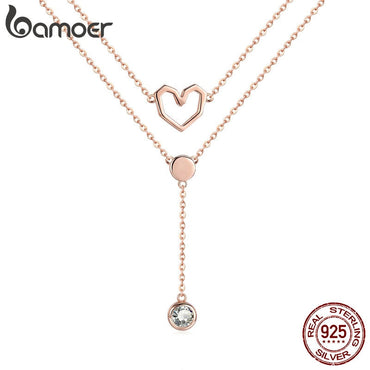 BAMOER Valentine Collection 925 Sterling Silver Double Layers Love Heart Chain Pendant Necklaces Women Female Jewelry SCN317