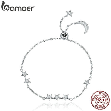 BAMOER New Arrival Genuine 925 Sterling Silver Sweet Whisper of Moon & Star Clear CZ Link Bracelet Luxury Silver Jewelry SCB007