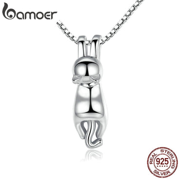 BAMOER High Quality Smooth 925 Sterling Silver Lovely Cat Long Tail Necklaces & Pendants S925 Fine Jewelry SCN032