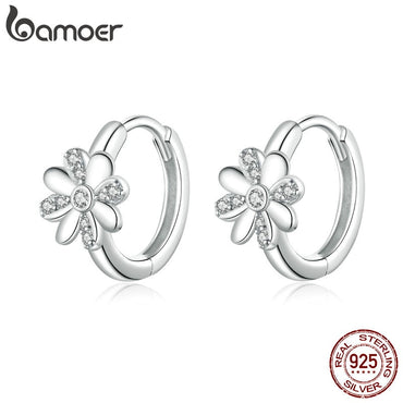 bamoer Authentic 925 Sterling Silver Daisy Flower Hoop Earrings for Women Elegant Wedding Engagement Statement Jewelry BSE359