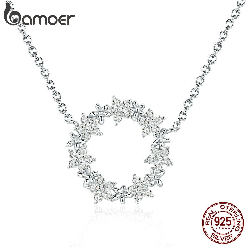 BAMOER Elegant 925 Sterling Silver Shining Stackable Star Round Shape Pendants Necklaces Women Wedding Jewelry Collar BSN028