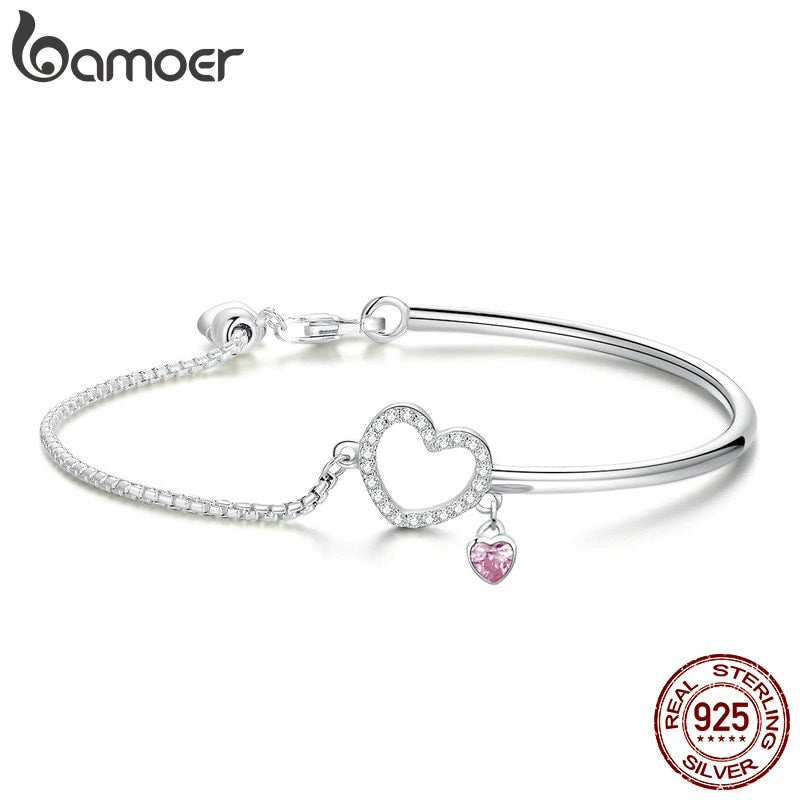 BAMOER Romantic New 100% 925 Sterling Silver Heart Pink CZ Chain Link Bangles Bracelets for Women Sterling Silver Jewelry SCB117