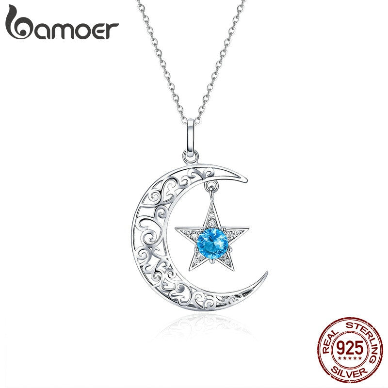 BAMOER Romantic 925 Sterling Silver Sparkling Moon And Star Necklaces Pendants for Women Fashion Necklace Jewelry Gift SCN278