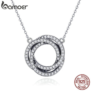BAMOER Real 925 Sterling Silver Minimalism Elegant Round Circle Clear CZ Pendant Necklaces Women Sterling Silver Jewelry SCN259
