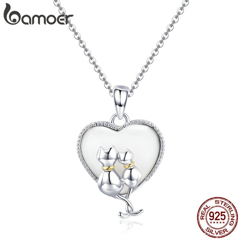 BAMOER 925 Sterling Silver Couple Cat Necklaces Pendant for Women Sweet Heart Necklace Sterling Silver Jewelry Collar SCN297