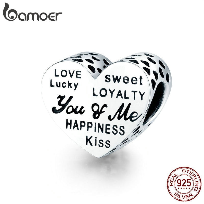 bamoer 925 Sterling Silver Heart Beads Charm for Original Bracelet Engraved Words Charms DIY Jewelry Accessories SCC1471