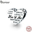 bamoer 925 Sterling Silver Heart Beads Charm for Original Bracelet Engraved Words Charms DIY Jewelry Accessories SCC1471