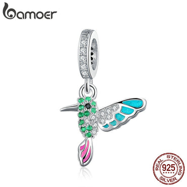 BAMOER 925 Sterling Silver Green Warbler Pendant Colorful CZ Bird Animal Charms Fit Charm Bracelets Bangles DIY Jewelry SCC991