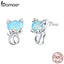 bamoer Genuine 925 Sterling Silver Blue Opal Cute Cat Stud Earrings for Women Animal Fashion Jewelry Gifts for Girl SCE828