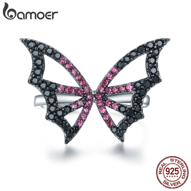 bamoer Butterfly Open Adjustable Finger Ring for Women Silver 925 Bijoux Argent 925 Massif Female Cocktail Jewelry BSR072