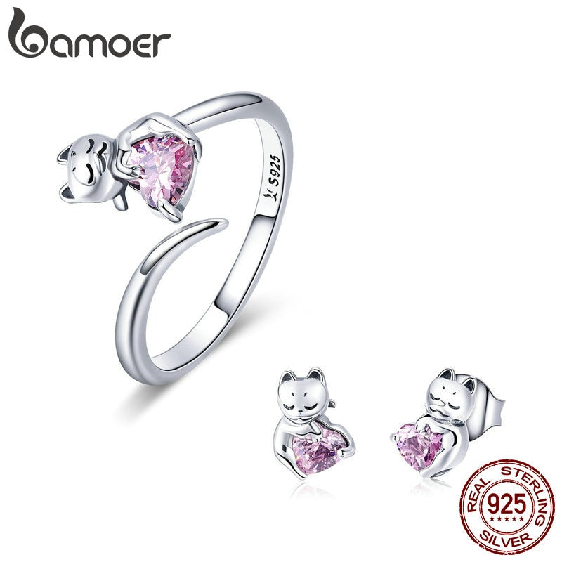 BAMOER Authentic 925 Sterling Silver Cute Cat Pussy Pink CZ Rings & Earrings Jewelry Sets Fashion Sterling Silver Jewelry Set