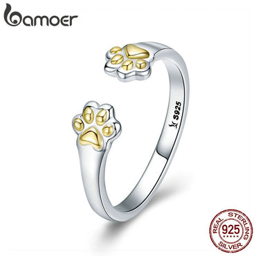 BAMOER Authentic 925 Sterling Silver Animal Footprints Open Size Adjustable Finger Rings for Women Party Wedding Jewelry SCR430