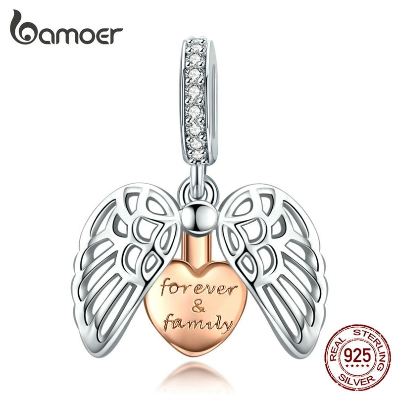 bamoer Guardian Wings Family Pendant Charm for Women Silver Bracelet Rose Gold Color Heart 925 Sterling Silver Jewerly SCC1299