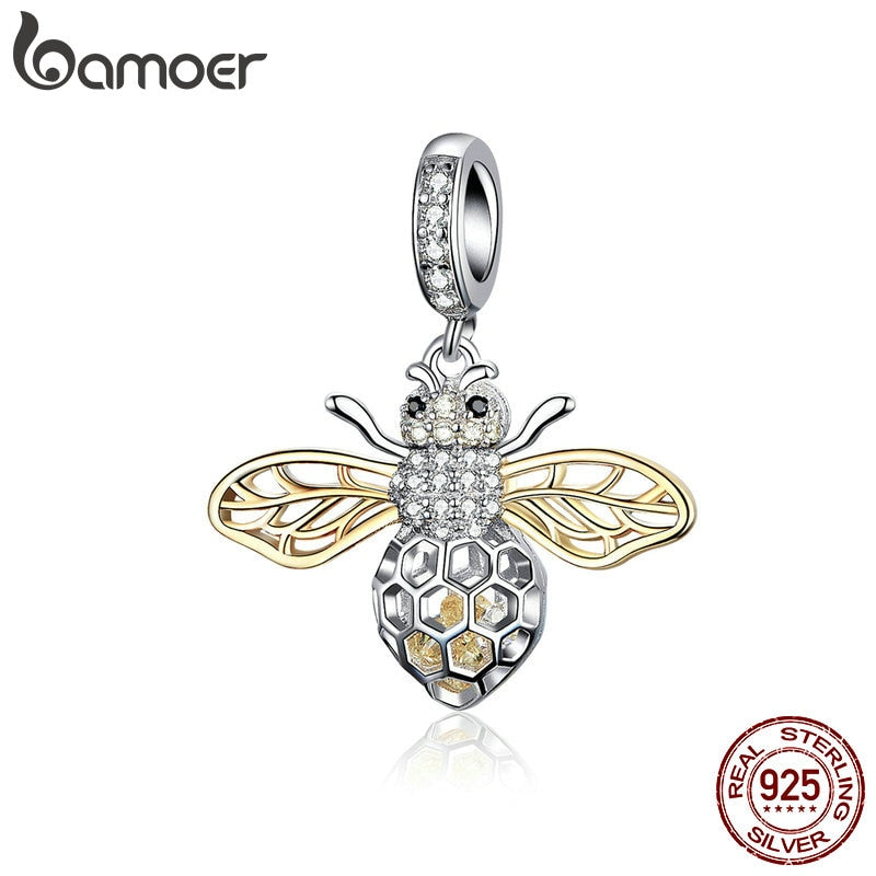 BAMOER Genuine 925 Sterling Silver Clear Zircon Bee Charms Insect Pendant fit Original Bracelets & Necklaces Jewelry SCC1125