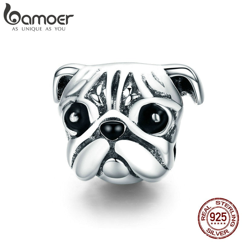 BAMOER 100% 925 Sterling Silver Lovely Animal Pug Dog Head Charm Beads fit Women Charm Bracelets & Necklaces DIY Jewelry SCC834