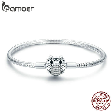 BAMOER Authentic 100% 925 Sterling Silver Cute Animal Owl Clasp Women Snake Chain Bracelet Sterling Silver Jewelry S925 SCB067