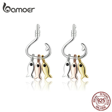 bamoer 925 Sterling Silver 3 Colors Fish Hook Dangle Earrings for Women Unique Design Fishing Pendientes Fashion Jewelry SCE789
