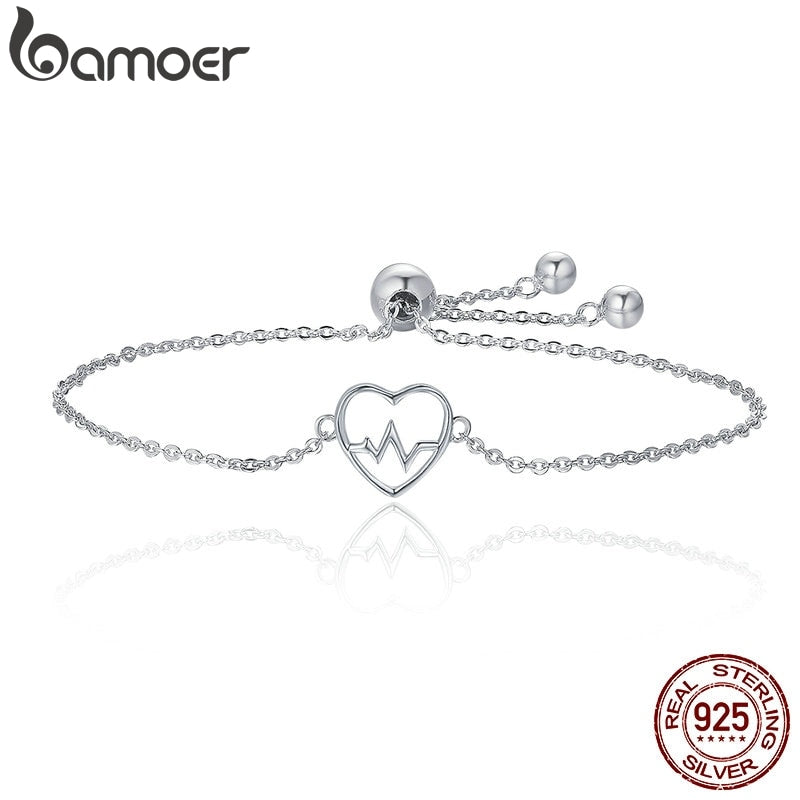 BAMOER Hot Sale 100% 925 Sterling Silver ECG Of Love & Sweetheart Heart Bracelet Women Luxury Authentic Silver Jewelry SCB019