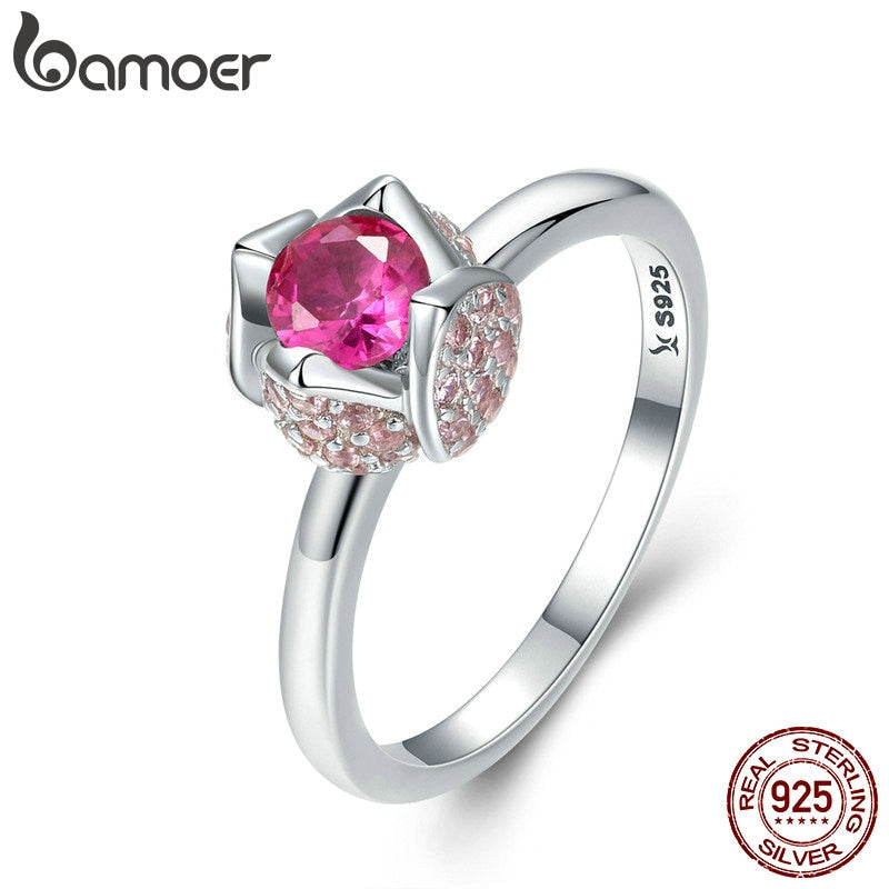 BAMOER 925 Sterling Silver Romantic Rose Flower with You Pink Cubic Zircon Finger Rings for Women Wedding Silver Jewelry SCR455