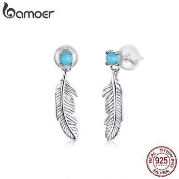 bamoer Bohemia  Style Feather Tiny Drop Earrings for Women 925 Sterling Silver Jewelry Fine Bijoux Brinco Pendientes BSE375