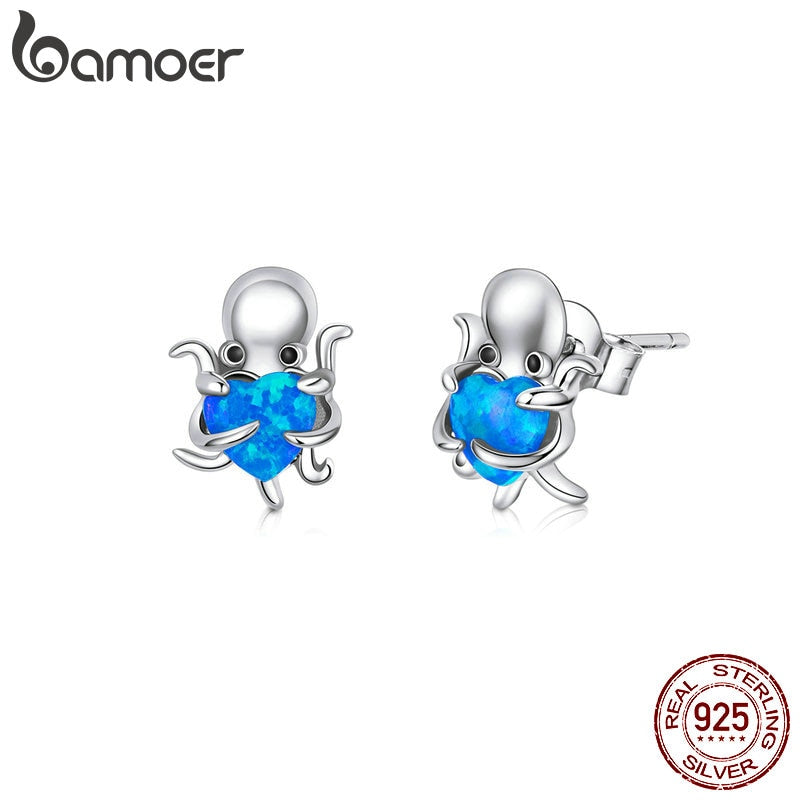 bamoer Real 925 Sterling Silver Octopus Heart Opal Stud Earrings for Women Statement Fine Jewelry Brinco 2020 Bijoux SCE881