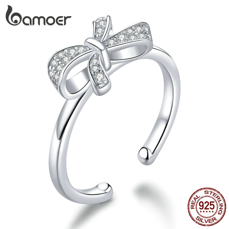 bamoer Genuine 925 Sterling Silver Rowknot Free Size Open Adjustable Finger Rings for Women Statement Wedding Jewelry SCR646