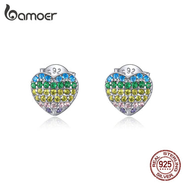 bamoer Real 925 Sterling Silver Rainbow Heart Stud Earrings for Women AAA CZ Paved Amour Ear Studs Silver Jewelry BSE358