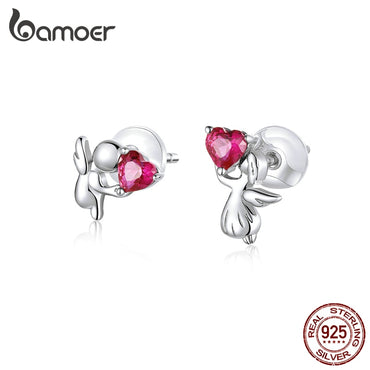 bamoer Genuine 925 Sterling Silver Angel with Heart Stud Earrings for Women Safe Silicone Earplugs Anti-allergy Jewelry BSE367