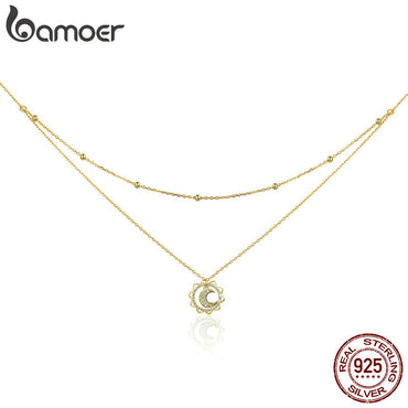 BAMOER Vintage 925 Sterling Silver Sun Moon Shape Double Layers Choker Necklaces Pendant for Women Silver Jewelry Making SCN305
