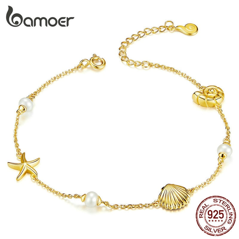 bamoer Summer Holiday Starfish with Pearl Shell Chain Bracelet for Women Gold Color 925 Sterling Silver Fashion Jewelry BSB025