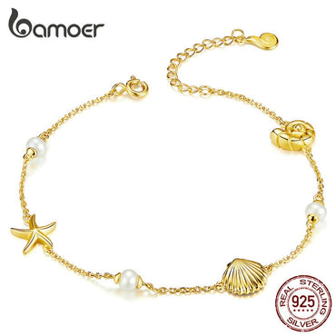 bamoer Summer Holiday Starfish with Pearl Shell Chain Bracelet for Women Gold Color 925 Sterling Silver Fashion Jewelry BSB025
