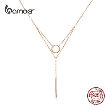 bamoer Double Layers Geometric Choker Necklaces for Women Authentic 925 Sterling Silver Rose Gold Color Fashion Jewelry BSN078