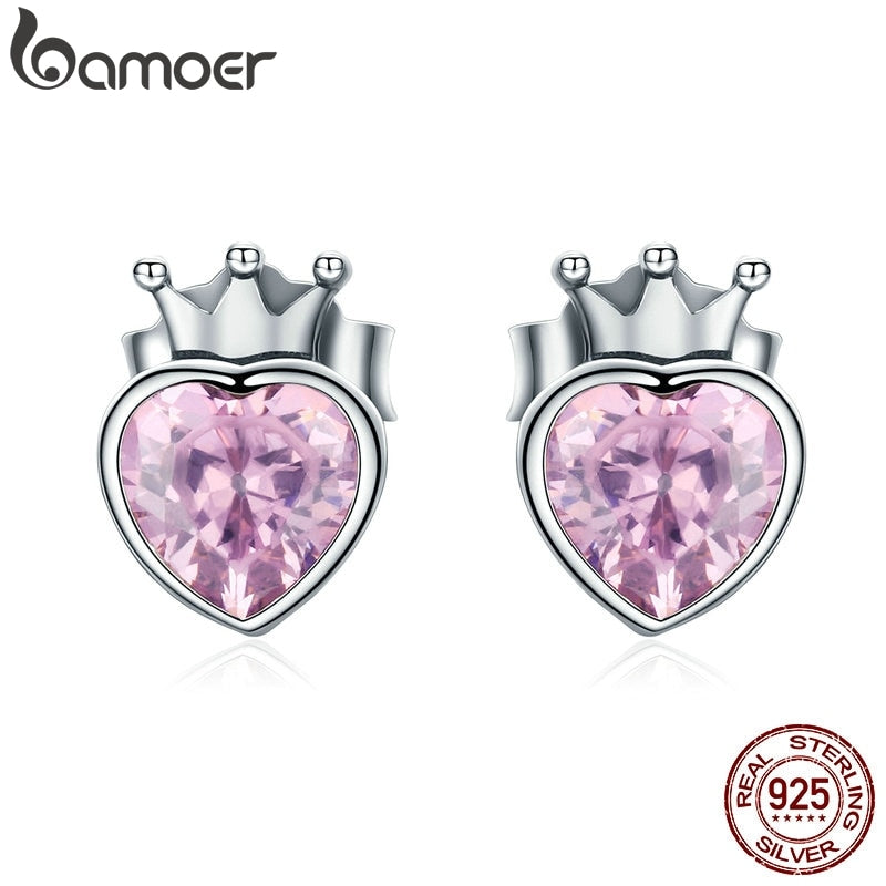 BAMOER Authentic 925 Sterling Silver Sweet Pink Heart of Crown Stud Earrings for Women Luxury Silver Jewelry Bijoux Gift SCE174