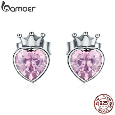 BAMOER Authentic 925 Sterling Silver Sweet Pink Heart of Crown Stud Earrings for Women Luxury Silver Jewelry Bijoux Gift SCE174