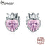 BAMOER Authentic 925 Sterling Silver Sweet Pink Heart of Crown Stud Earrings for Women Luxury Silver Jewelry Bijoux Gift SCE174