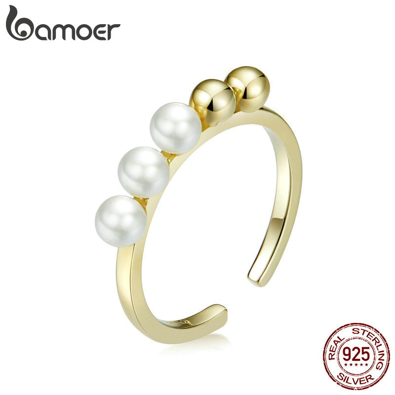 bamoer 925 Sterling Silver Round Beads and Pearl Open Adjustable Finger Rings for Women Gold Color Fine Jewelry BSR115