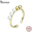 bamoer 925 Sterling Silver Round Beads and Pearl Open Adjustable Finger Rings for Women Gold Color Fine Jewelry BSR115