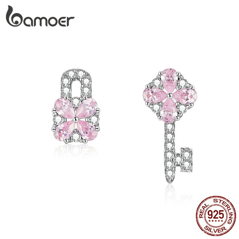 bamoer 925 Sterling Silver Soft Pink CZ Flower Key and Lock Asymmetry Stud Earrings for Women Wedding Fashion Jewelry BSE306