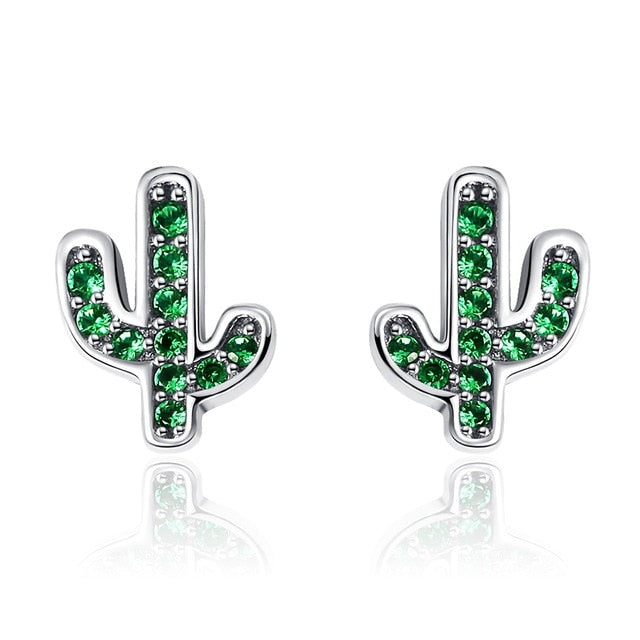 BAMOER Hot Sale 925 Sterling Silver Dazzling Green Cactus Crystal Stud Earrings for Women Authentic Silver Jewelry Bijoux SCE097