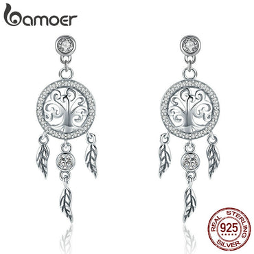 BAMOER Fashion 925 Sterling Silver Tree of Life Dream Catcher Drop Earrings for Women Vintage Sterling Silver Jewelry SCE457