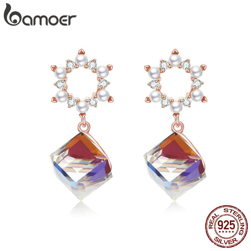 bamoer Austrian Crystal Cube Wreath Dangle Earrings 925 Sterling Silver Flower Women Wedding Statement Jewelry Gifts BSE158