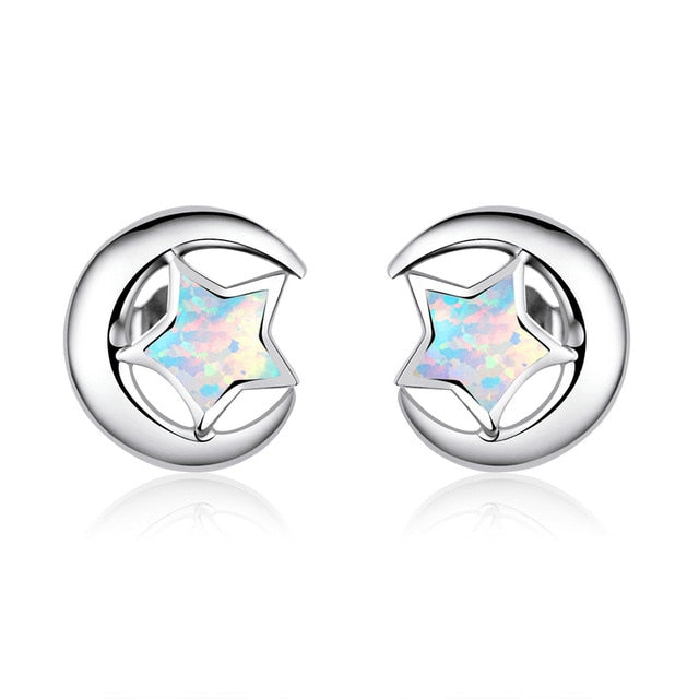 bamoer Genuine 925 Sterling Silver Moon and Star 2 Colors Opal Stud Earrings for Women Wedding Statement Jewelry Boucles SCE816