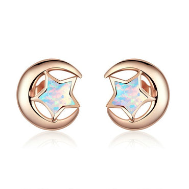 bamoer Genuine 925 Sterling Silver Moon and Star 2 Colors Opal Stud Earrings for Women Wedding Statement Jewelry Boucles SCE816