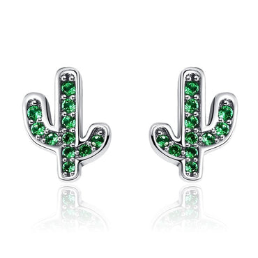 BAMOER Spring Collection 100% 925 Sterling Silver White & Green Cactus Stud Earrings for Women Silver Jewelry Bijoux  SCE286