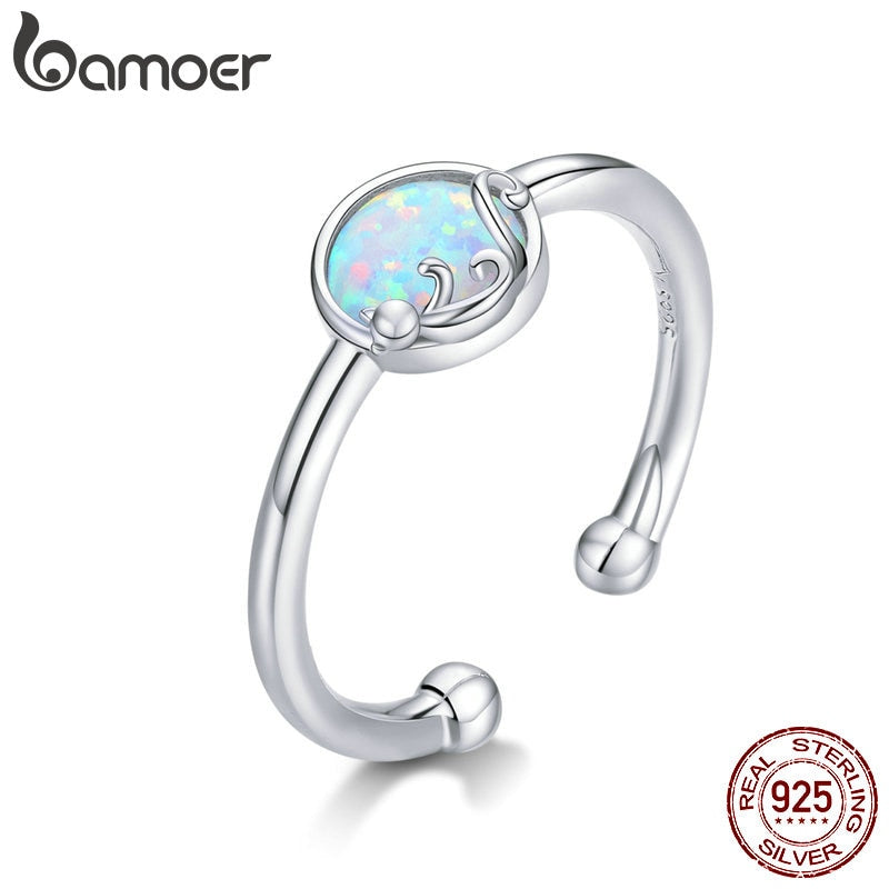 bamoer 925 Sterling Silver Opal Stone Cat Rings for Women Adjustable Open Finger Band Fine Jewelry Korean Style Anel SCR651