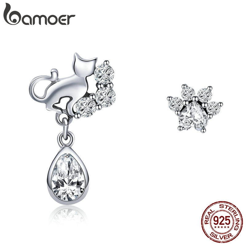 BAMOER Hot Sale 925 Sterling Silver Dazzling CZ Guardian Cat Stud Earrings for Women Fashion Sterling Silver Jewelry 2018 SCE424